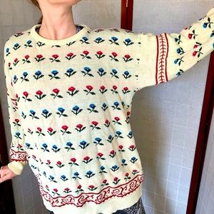 Vintage Harot Knot Flower Floral Oversized Cozy Cream Sweater Pullover,  L